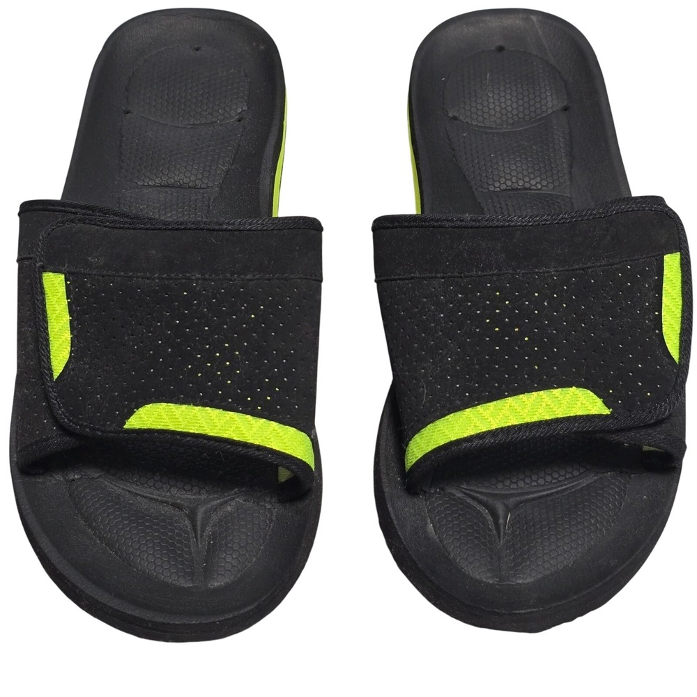 Mens Size 7 Athletic Comfort Slides Sandals Black Neon Green Hook & Loop Closure